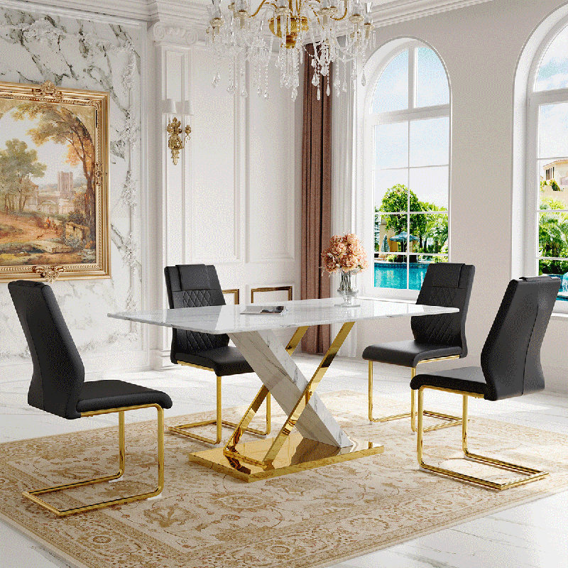 Ensemble de table de salle à manger en marbre Marble, 5 pièces: table, 4 chaises, Noir, Doré