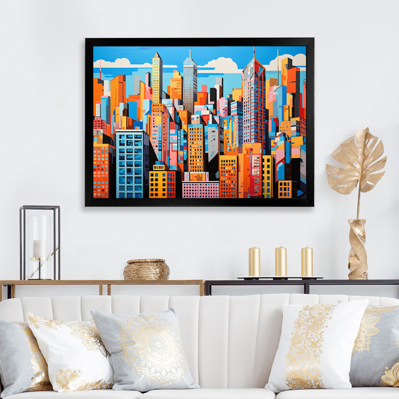" Pop Art Chicago Cityscape II ", 16" H x 32" W x 1" D, Black Single Picture Framed
