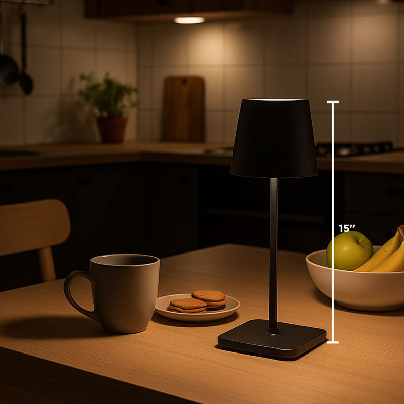  Lampe de table carrée à abat-jour à DEL, lumière sans fil rechargeable, accent lumineux pour bureau, table de chevet ou salon, 15 po, noir mat
