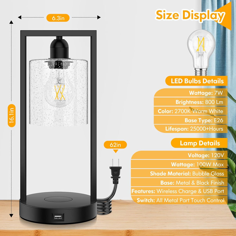Set Of 2 Dimmable Bedside Nightstand Lamps With USB Port,, Black