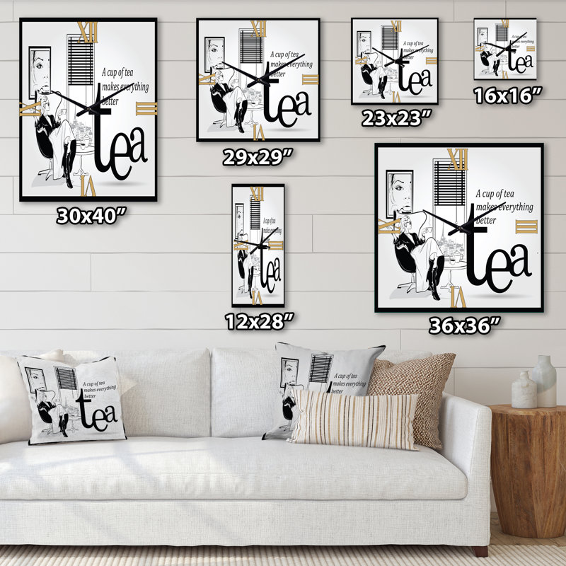 Horloge murale Fashion Girl buvant une tasse de thé, Grand