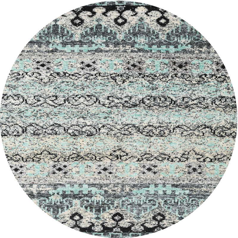 Gris abstrait/noir/Tapis décoratif bleu, Rond 6 pi
