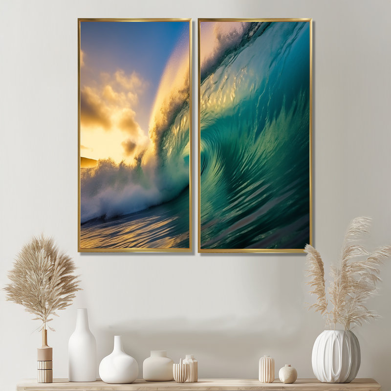 Hawaiian Waves Surf Dream II - Paysages Hawaii, art mural 2 panneaux, 32" H x 32" W, Impression encadrée flottante, Gold