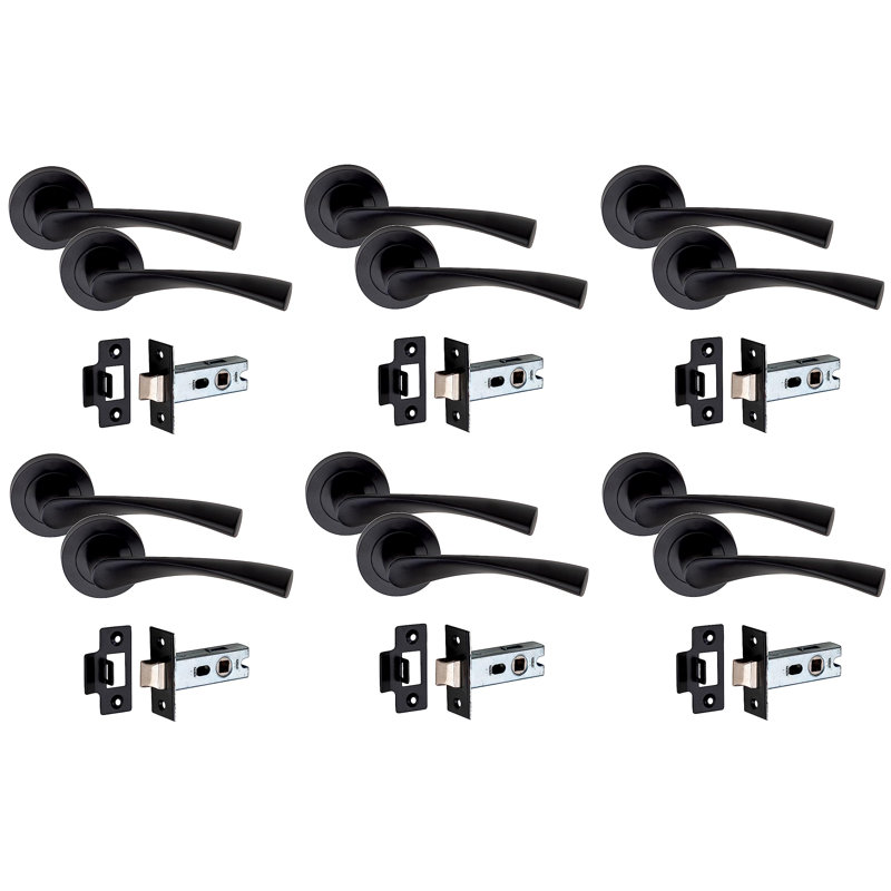  6 Pairs Astrid Design Door Handles on Round Rose Latch in Matt Black Finish with 2.5" Tubular Latch - 52mm Diameter