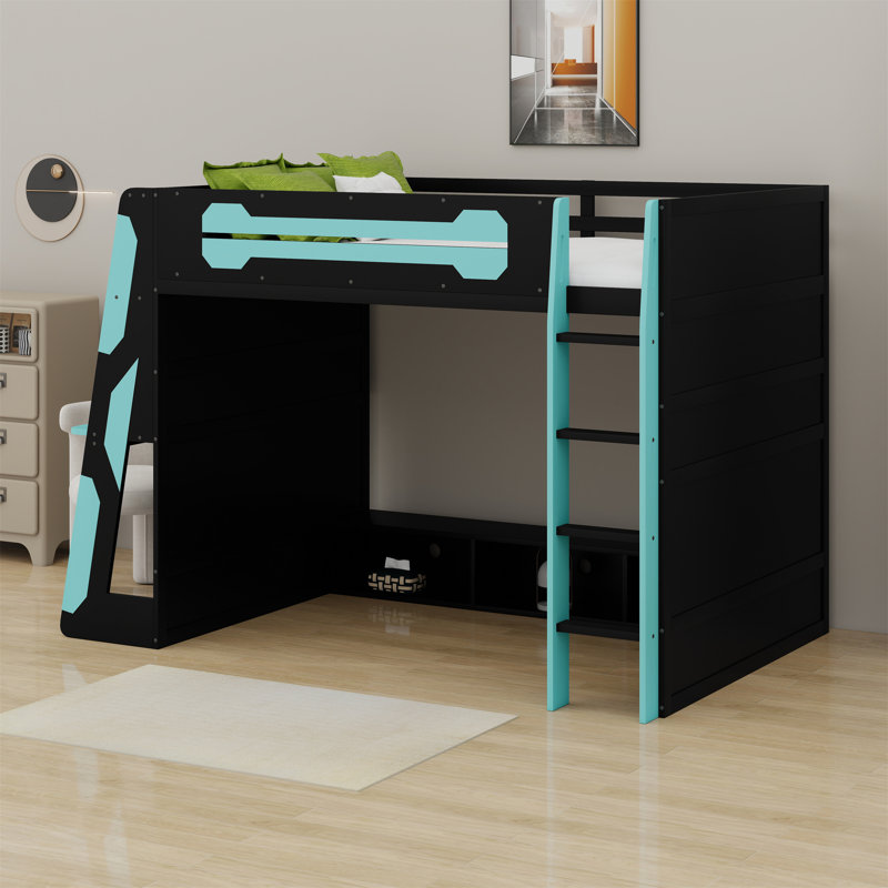 Lit mezzanine en bois avec bureau, tablettes multiples et lumière RVB, Bleu nuage