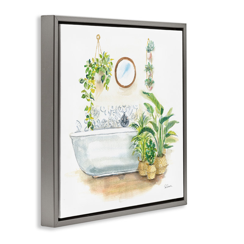 «Serene Bathroom Interior» par Sue Schlabach, H 18 po x l 18 po x P 1,7 po, Cadre flottant gris lustré