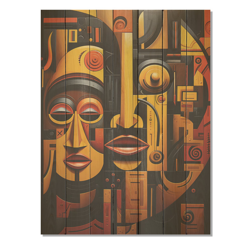 Yellow Ancestral Marks IV - Masque africain sur bois, H 32 po x l 24 po