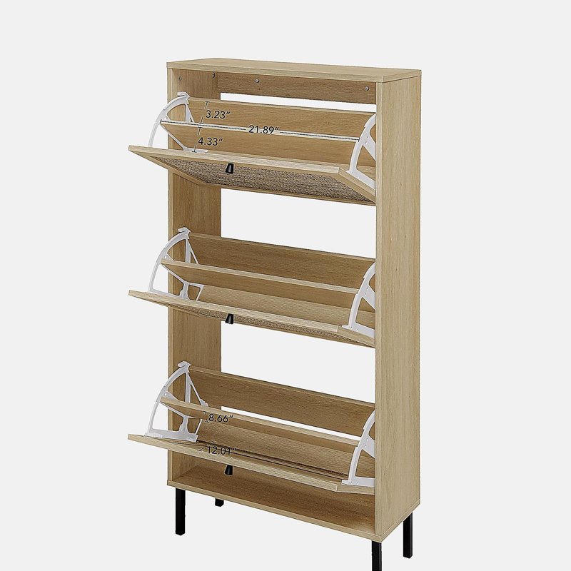 Rattan 3 Door Shoe Rack, Freestanding Modern Shoe Storage Cabinet