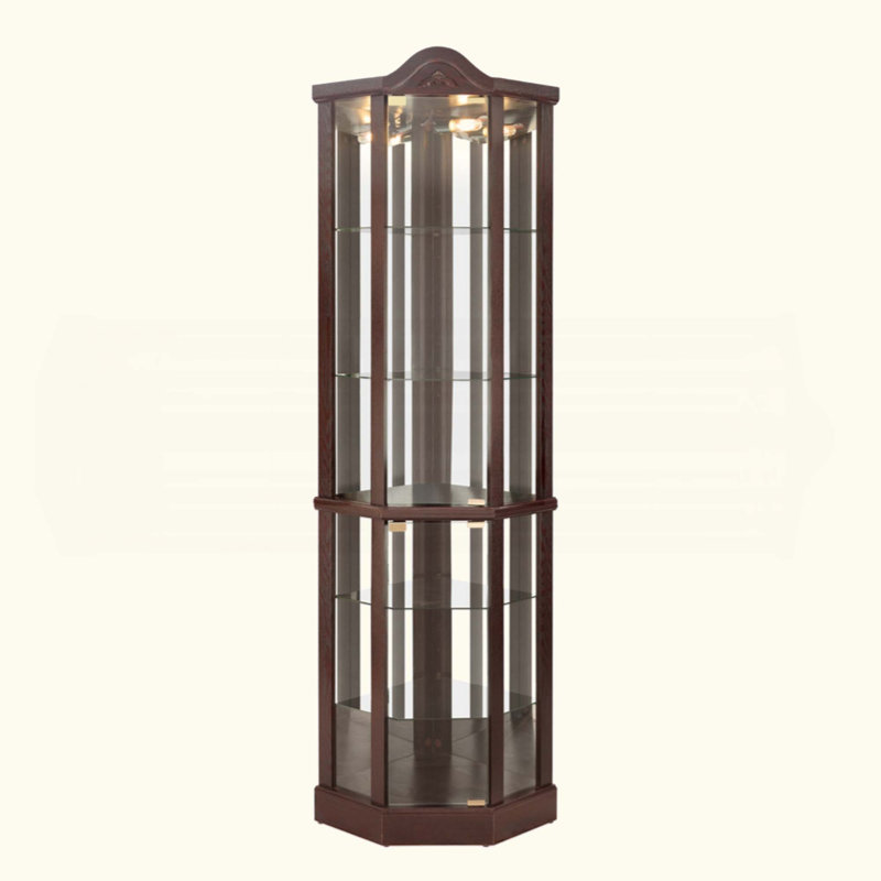 Vitrine d'angle vitrée lumineuse avec tablettes réglables, Cerisier