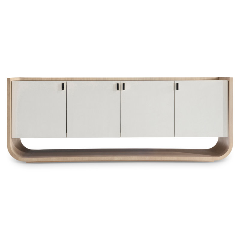 White and Brown Faux Stone Media Console with Cabinet