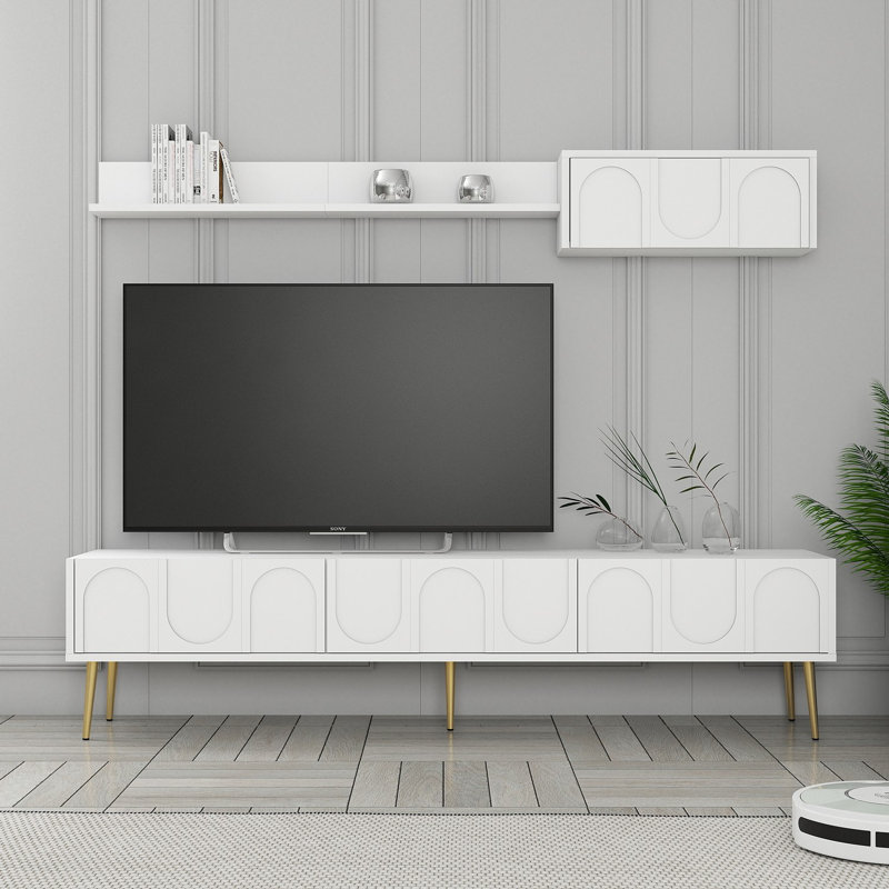 Meuble télé moderne avec tablette murale, blanc et or, 70,9 po x 17,0 po x 13,8 po | 100% panneau de particules enduit de mélamine, épaisseur: 0,7 pouce | Plusieurs tablettes, conception murale, élégante et fonctionnelle pour le salon