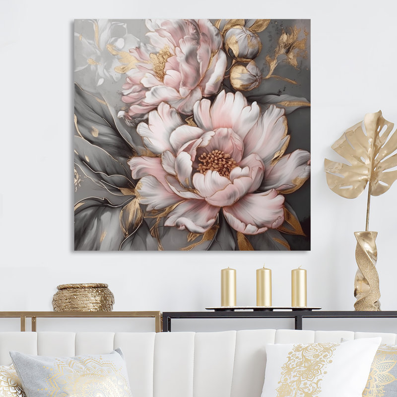 Rose et gris pivoines élégantes I - pivoines, art mural encadré, H 24 po x l 24 po, Toile tendue