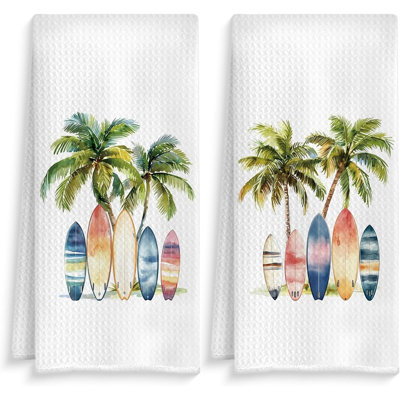 Tropical Surfboard Kitchen Towels Set Of 2 – Coastal Beach Palm Tree Decorative Dish & Tea Towels For Kitchen And Bathroom, Nautical Summer Hand Towels
