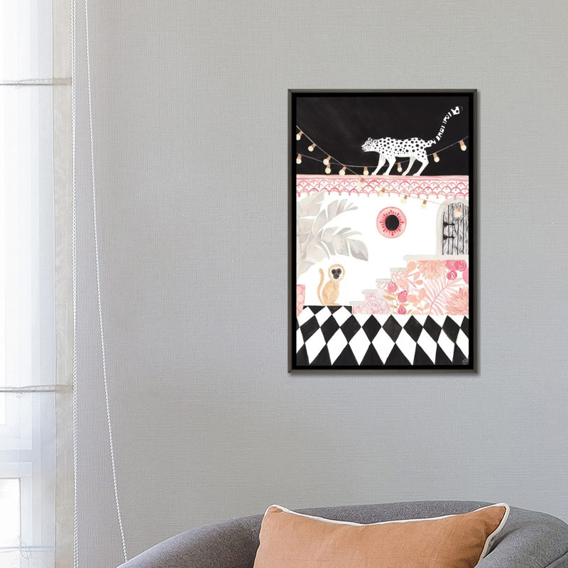 Art sur papier leopard et singe, H 26 po x l 18 po x P 1,5 po, Toile encadrée de bois rustique foncé