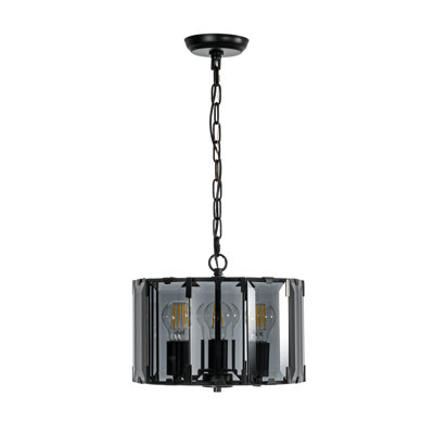 Luminaire suspendu cylindrique noir mat 3 lumières Fortun 13 "avec verre gris fumé Fortun