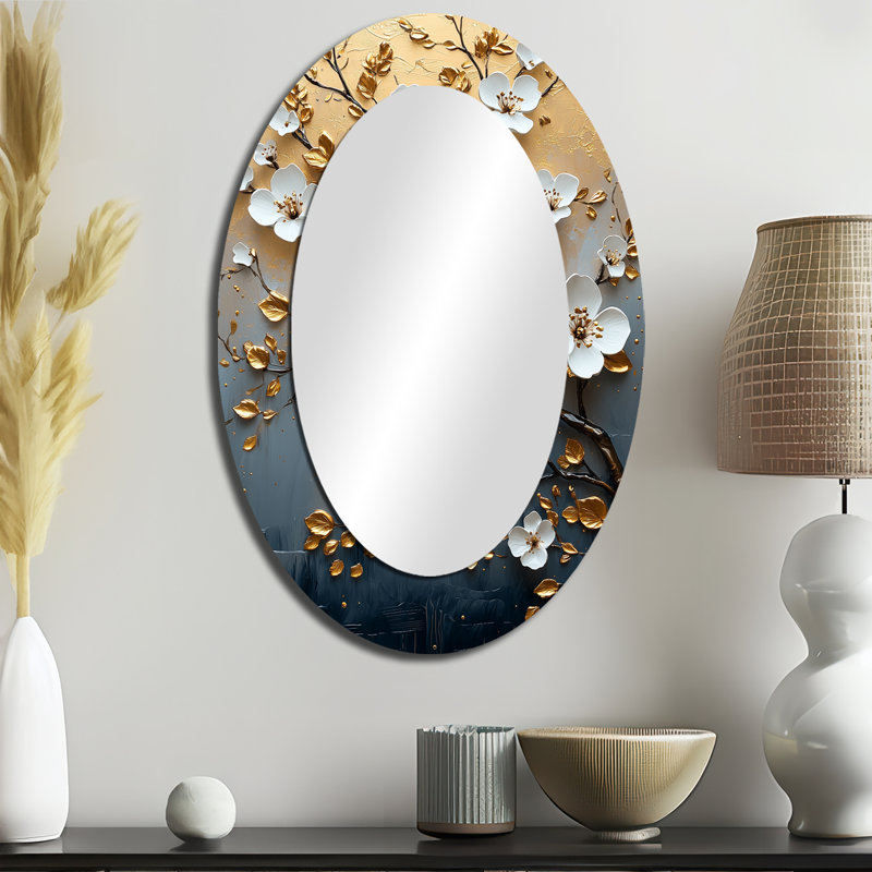 Miroir décoratif ovale en métal doré sur fond bleu Bonzai Blossom, 36 po x 24 po