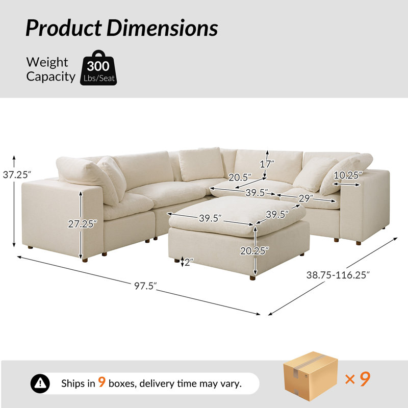 Merritt 118"W Modern Cloud Down Filled Oversized Sectional Couches With One Ottoman, Linen Polyester