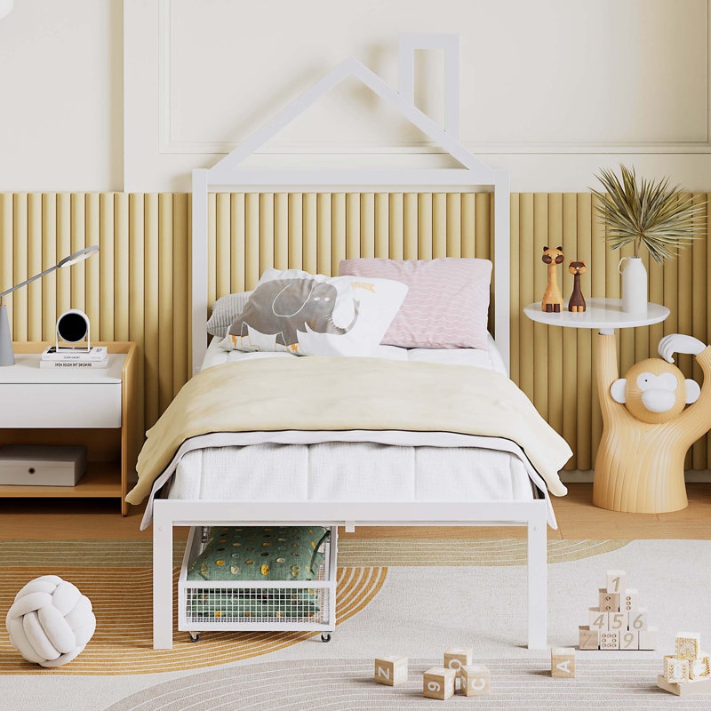 Lit en forme de maison, lit plateforme en métal avec tiroirs de rangement, Blanc, Simple, Métal