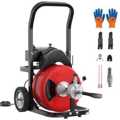 Nettoyeur de drain à câble en acier 100 pi x 3/8 po, tarière d'égout électrique de 370 W avec 4 couteaux, interrupteur à pédale activé par l'air, roues et poignée pour la maison, enlèvement des bouchons de tuyaux commerciaux