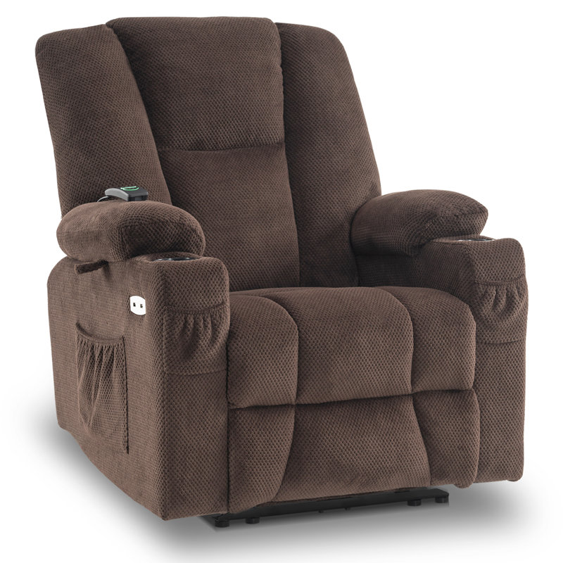Fabric Electric Power Recliner Chair with Heat and Massage, USB Charge Ports, Extended Footrest, Brown Polyester Blend