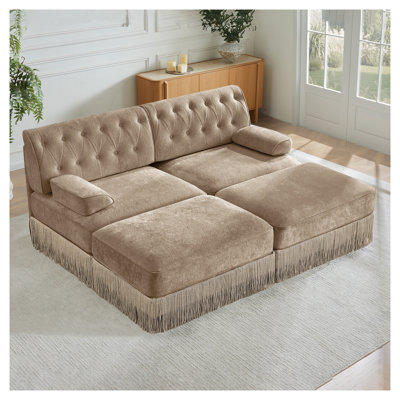 Ensemble de salon modulaire en velours Chesterfield Camel avec 2 repose-pieds capitonnés