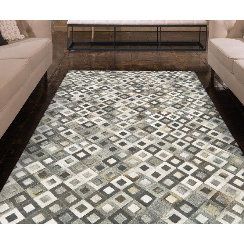 Tapis géométrique en cuir fabriqué à la main gris / beige, Rectangle 6 pi x 9 pi