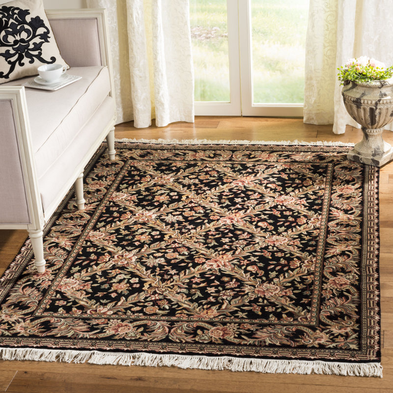 Elegant Kerman Hand-Knotted Wool Round Rug in Black, Pink, and White