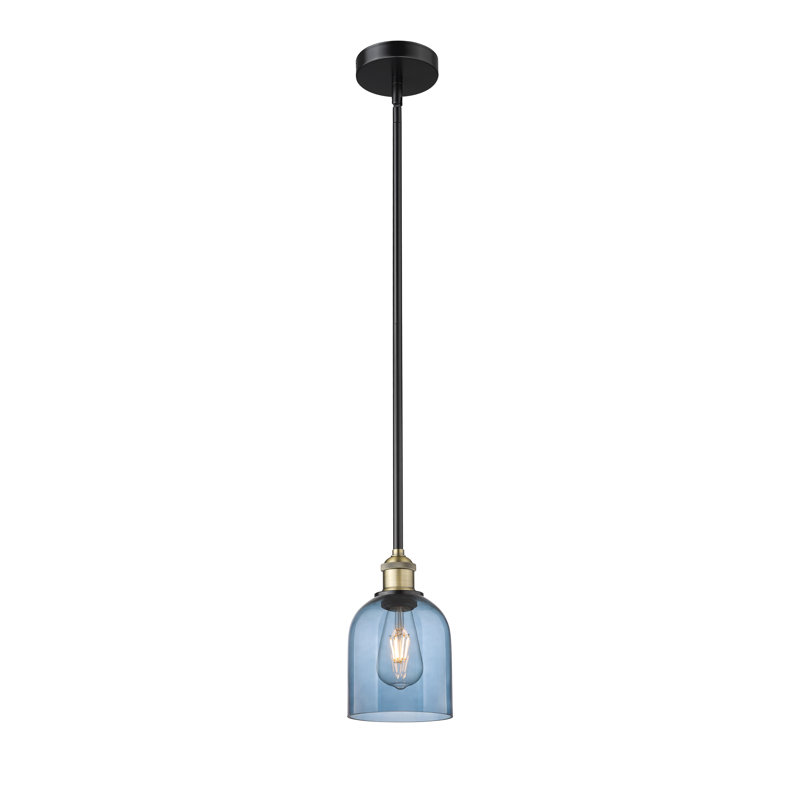 Mini-luminaire suspendu avec tige 6 lumières Edison Anacaren - 616-G558, Laiton antique noir, Bleu princesse