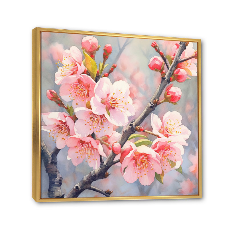 Peach Blossom Bliss II - art mural floral, Toile avec cadre flottant or, H 16 po x l 16 po x P 1 po