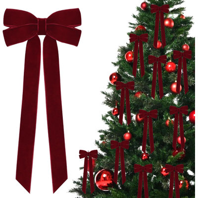 12-Piece Burgundy Velvet Christmas Ribbon Bows, 5x10 Inch Large Tree Decorations, Holiday Ornaments for Christmas Tree, Wreath, Garland, Door & Home Décor