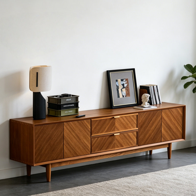 Meuble télé brun en bois massif, 22.83"H x 86.61"L x 15.75"W