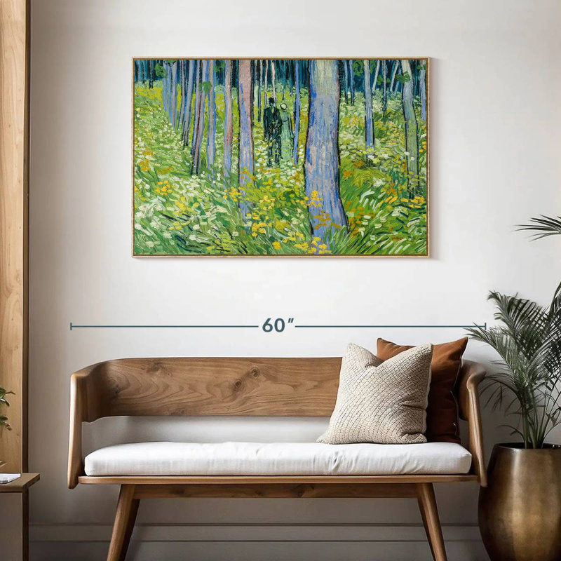 Sous-bois avec deux personnages, Cadre flottant en bois naturel, 43 po x 29 po