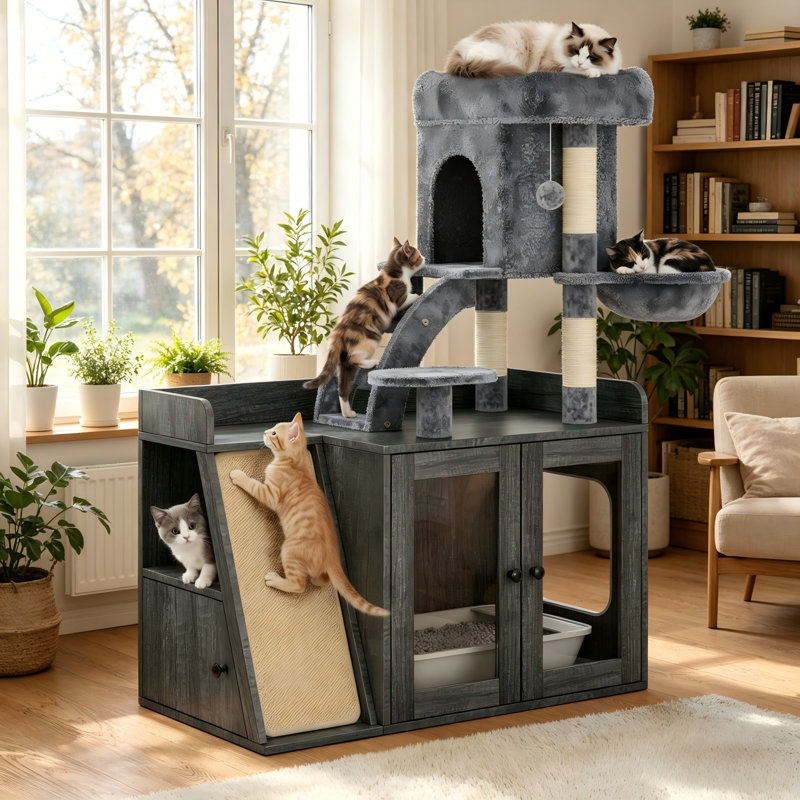 Enceinte de litière grise avec arbre à chat, tour à chat modulaire tout-en-un avec lumière DEL, planche à griffer en sisal et espace de rangement