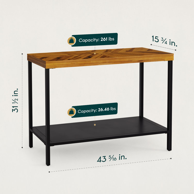 Console Vivian sans tiroir - brun doré rustique avec plateau en bois à chevrons et pieds en fer