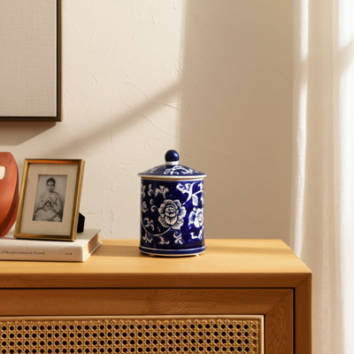 Bougie parfumée en céramique 6 "avec couvercle 6", bleu / blanc
