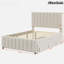 Lit plateforme tapissier avec lit gigogne simple, 3 tiroirs et tête de lit à rayures-107402609