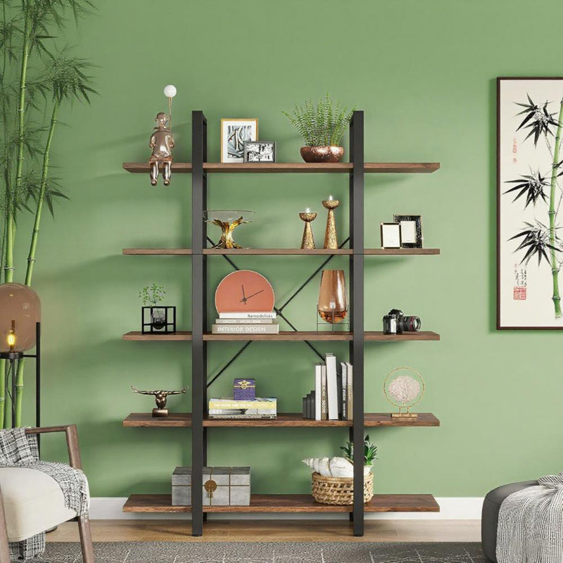 5-Tier Shelf Bookcase Metal Frame, Rustic/Brown