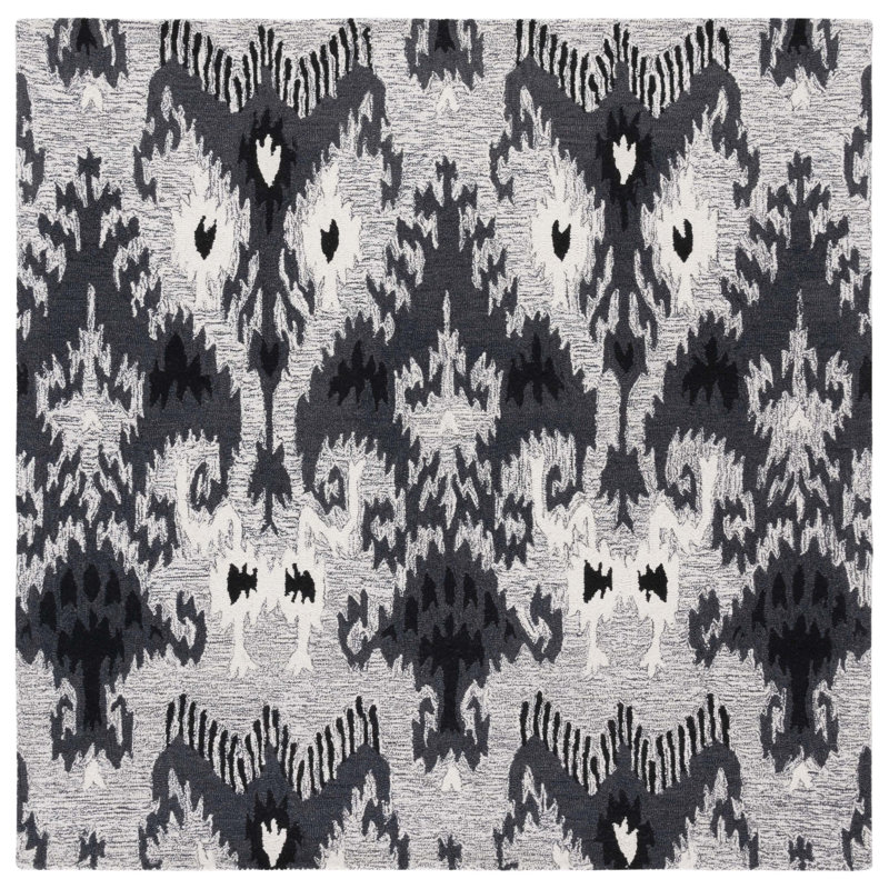 Tapis noir / gris en laine / coton touffeté à la main Ikat, Carré 6 pi