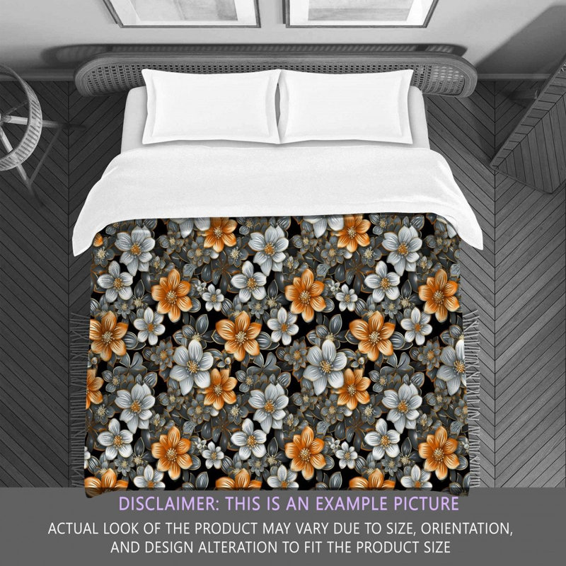 Machine Printed Comforter, Twin Extra Long Comforter, Orange/Silver Floral