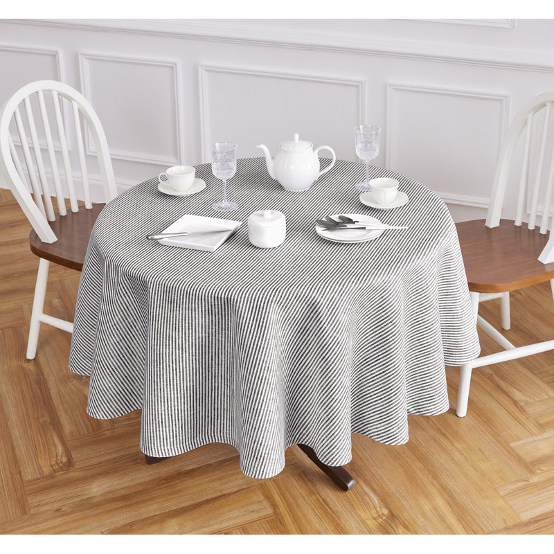 Narrow Stripe - 100% Pure Linen Tablecloth, Black/White, 60" Round