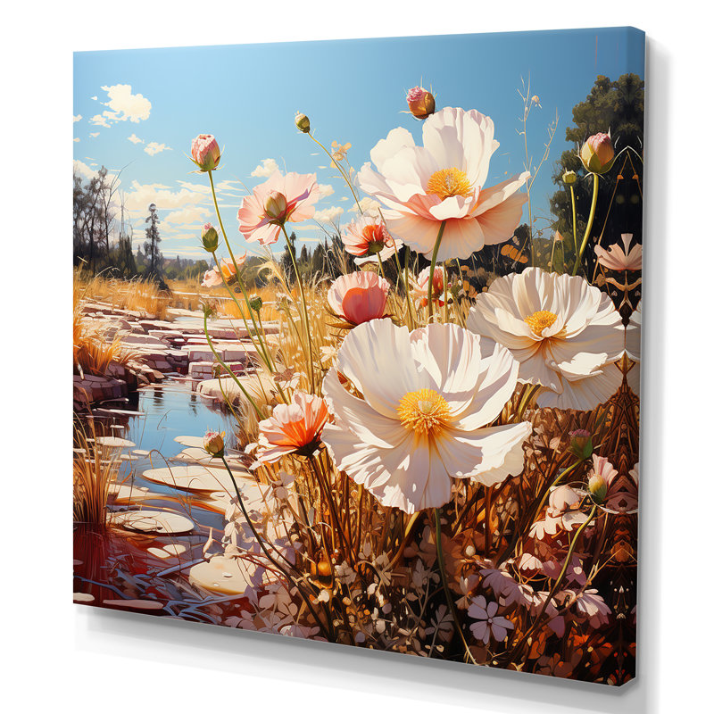 Fleurs blanches et jaunes «Wander Meadow» - Art mural fleurs sauvages, H 36 po x l 36 po x P 1,5 po, Toile tendue