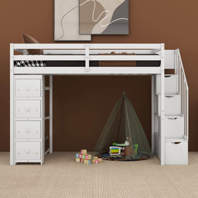 Hazeghi Twin Size Loft Bed with Storage Drawers and Stairs
