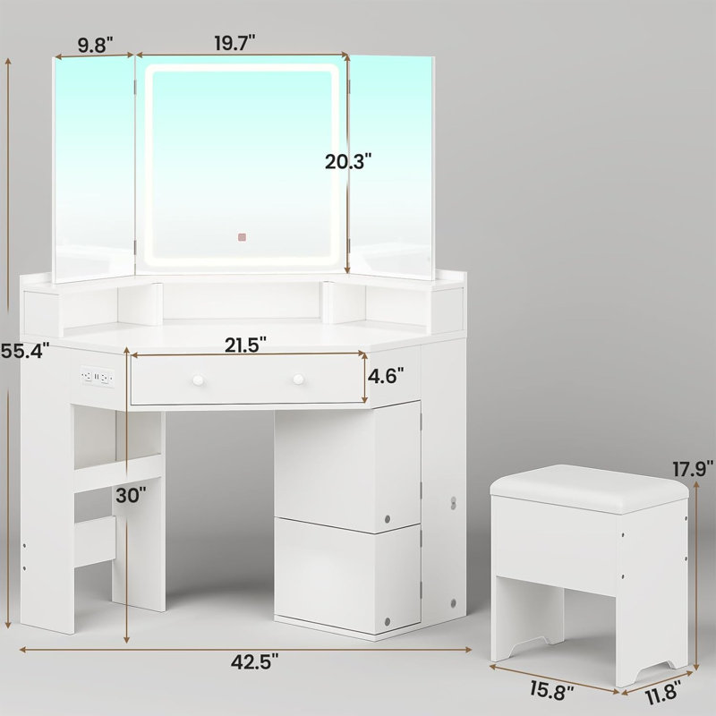 Ensemble de coiffeuse à 3 lumières avec miroir et armoires, Blanc