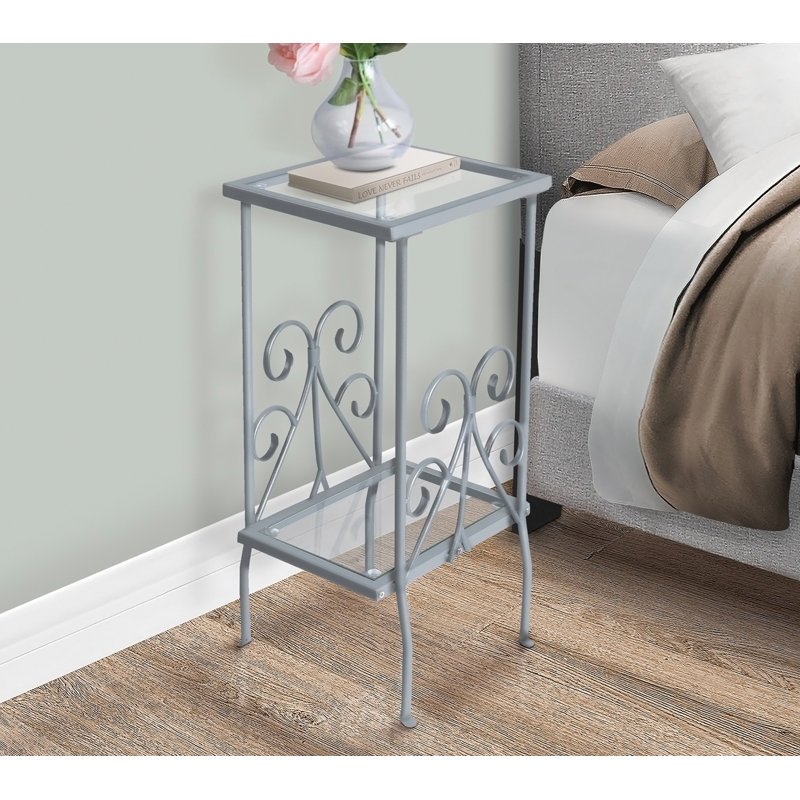 Table d'appoint, table d'appoint, table de bout, table de chevet, lampe, verre trempé, métal gris, transitionnel