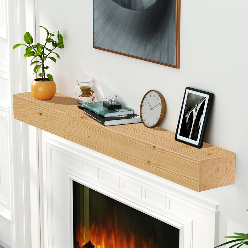 Fireplace Mantel,60" Wood Floating Fireplace Shelves, Clear Varnished Natural Wood, 60"L x 8"W x 5"H