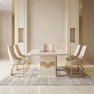 Valencia Modern Glam Rectangular Dining Set with Cream Upholstered High-Back Chairs and Gold-Tone Accents, Seats 6–12