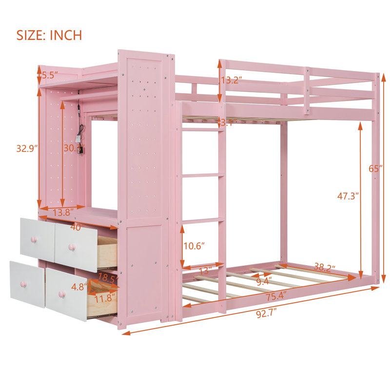 Lit superposé simple au-dessus de simple avec commode éclairée, support suspendu et tiroirs de rangement, Rose