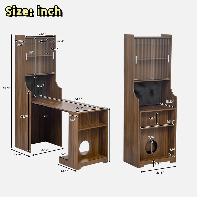 Mid-century Multi-use Extenable Cabinet Desk With Storage Peg Board, Storage Cabinet With Sliding Glass Doors, Led Light, Free Cat Cushion And Cat Toy