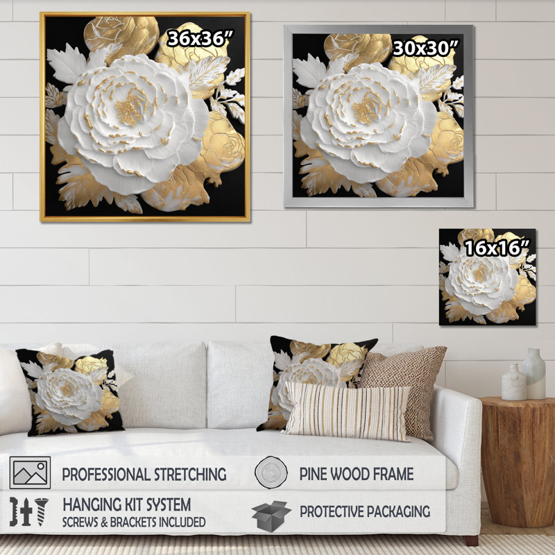 Exquise rose blanche en fleurs, glamour doré I - impression, 24" H x 24" W, Cadre flottant blanc