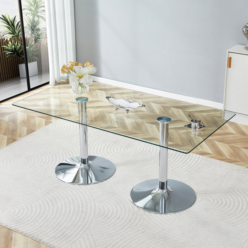 Un plateau de table en verre de 71 x 35,4 pouces et une table de salle à manger circulaire minimaliste moderne avec des pieds en métal argenté électrolytique. Convient aux restaurants et aux salons.